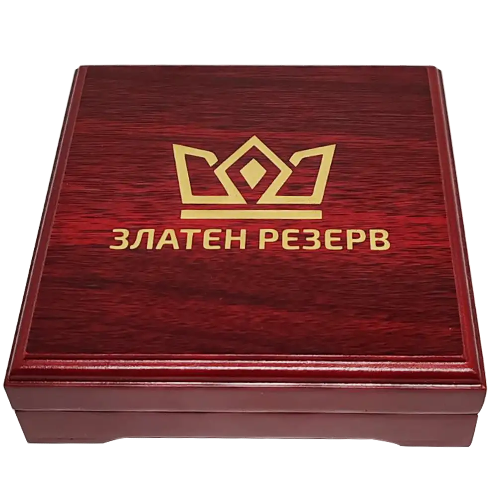 Тъмночервена дървена кутия за сребърни и златни монети с логото на Златен Резерв