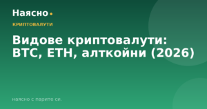 Видове криптовалути: BTC, ETH, алткойни (2026)